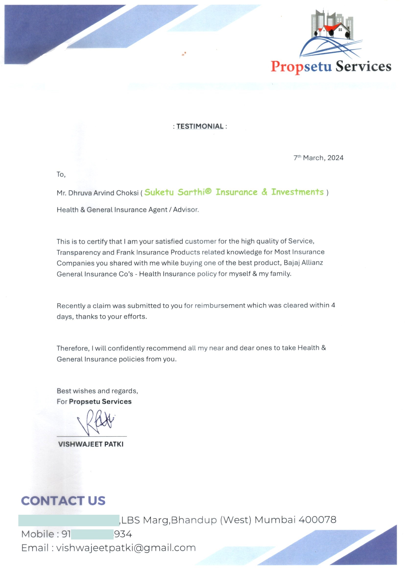 Testimonial letter from Vishwajeet Patki, Propsetu Services